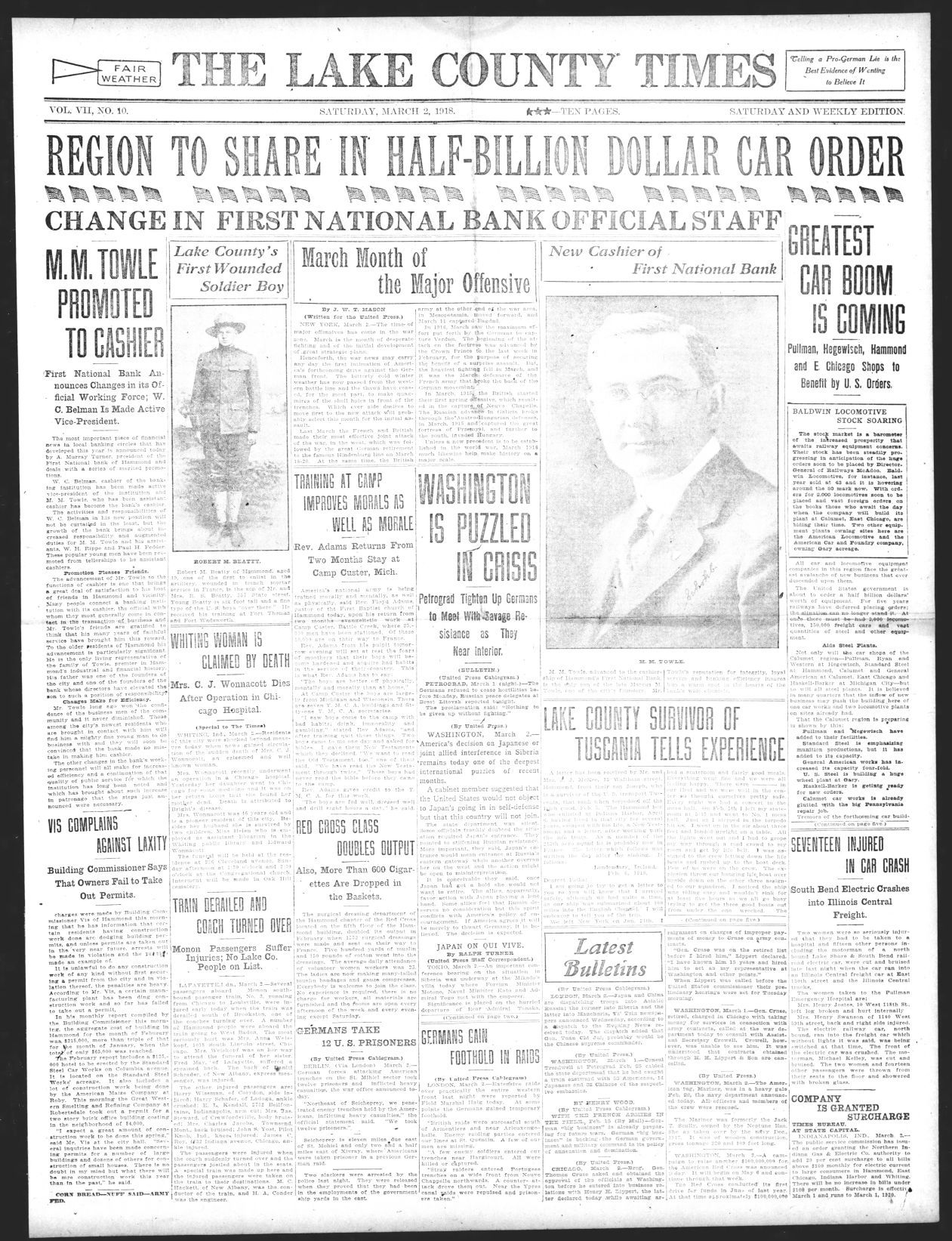 March 2, 1918: Region To Share In Half-Billion Dollar Car Order